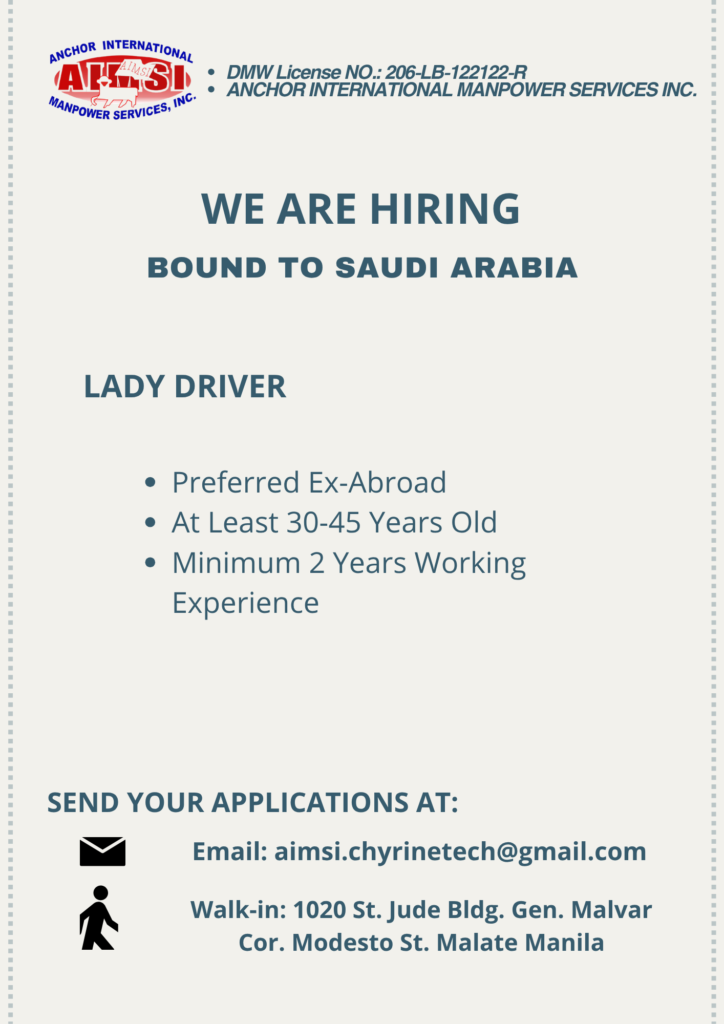 Lady Driver Job Openings in Saudi Arabia | Anchor International Manpower